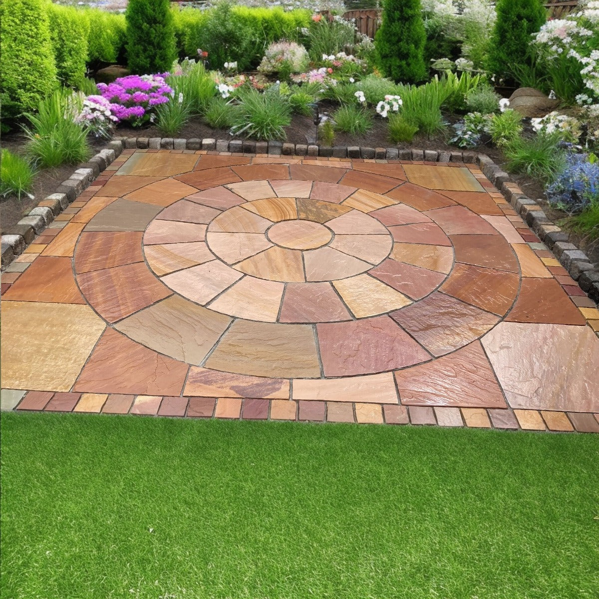 Desert Buff Sandstone Paving Circle Feature inc. Squaring Off Pieces - 3.0M x 3.0M