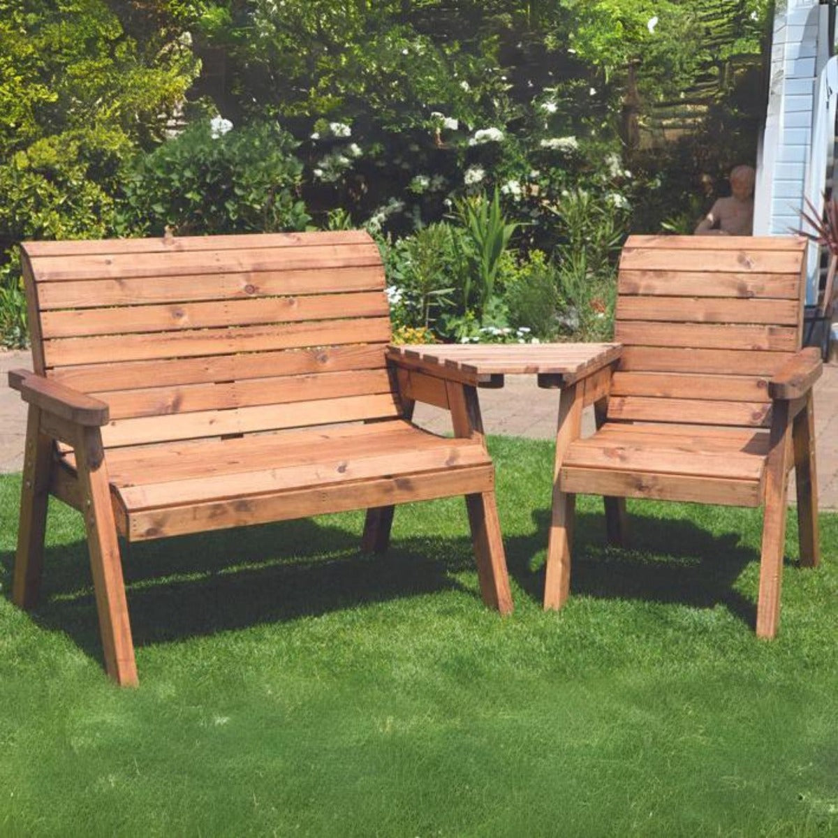 Wooden Three Seater Companion Garden Chair Set - Angled Bench & Chair Set - Charles Taylor