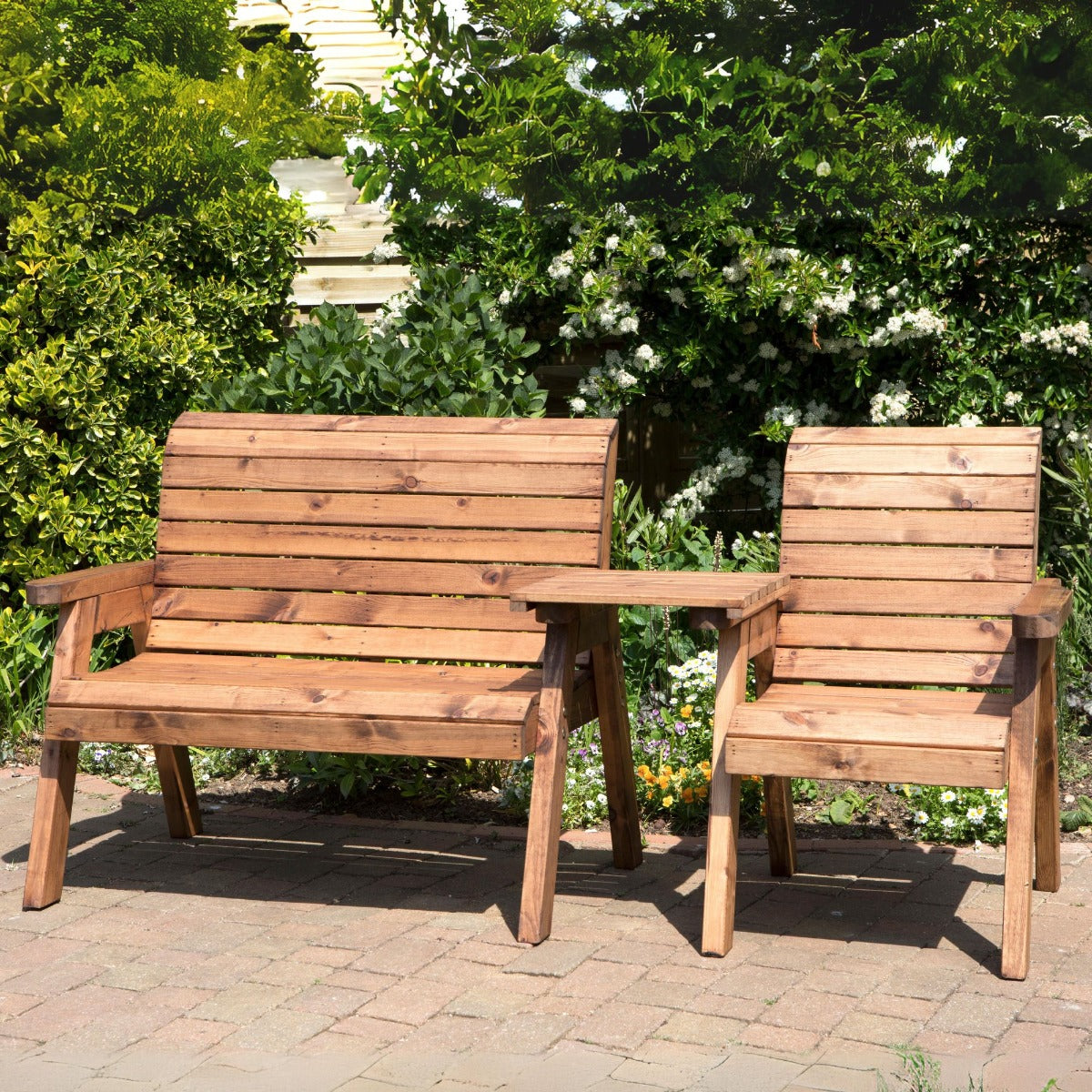 Wooden Three Seater Companion Garden Chair Set - Straight Bench & Chair Set - Charles Taylor